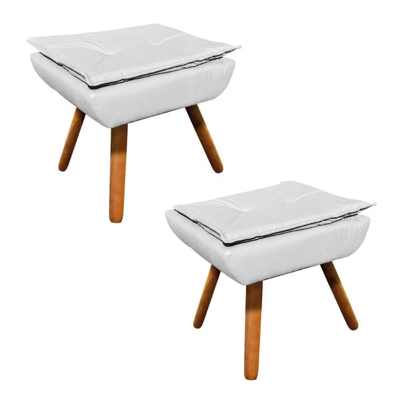 Kit 02 Puffs Opala Corino Pés Palito Castanho Branco