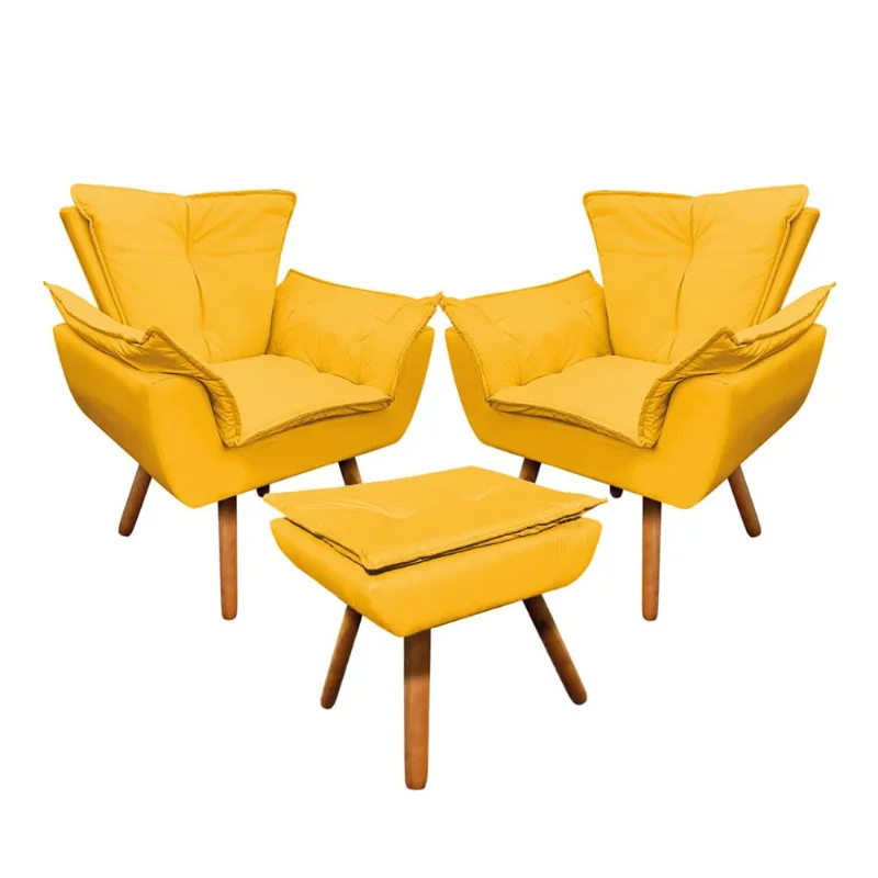 02 Poltronas e 01 Puff Pé Palito de Madeira Opala Corino D03 - D'Rossi Amarelo