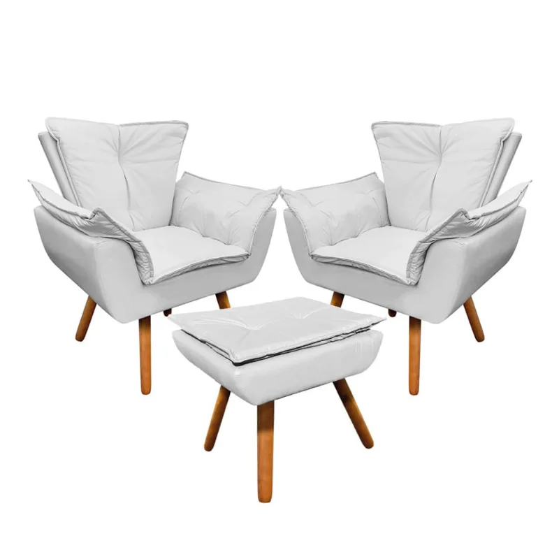 02 Poltronas e 01 Puff Pé Palito de Madeira Opala Corino D03 - D'Rossi Branco