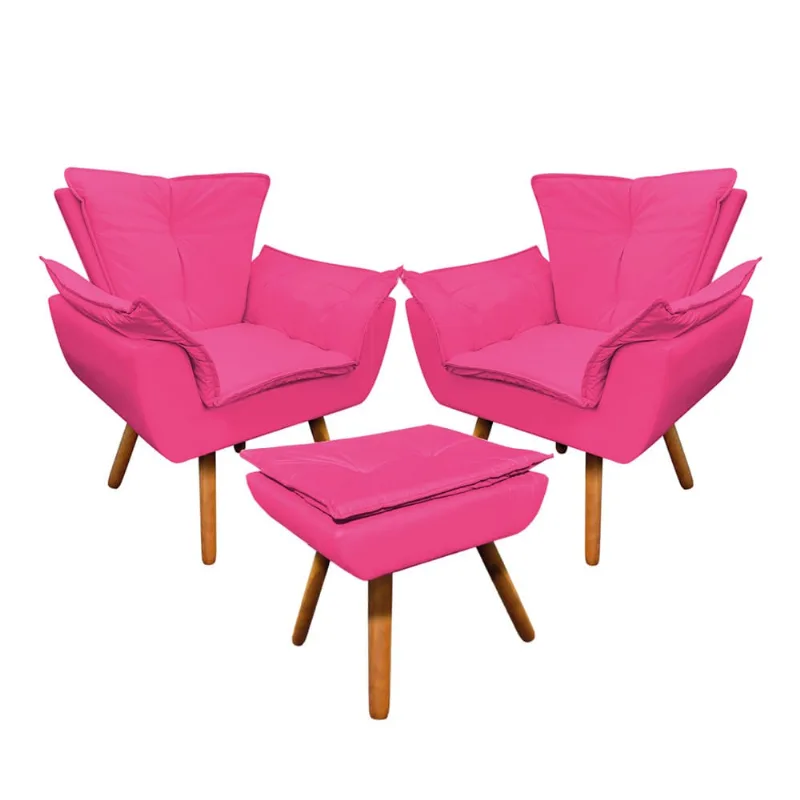 02 Poltronas e 01 Puff Pé Palito de Madeira Opala Corino D03 - D'Rossi Pink