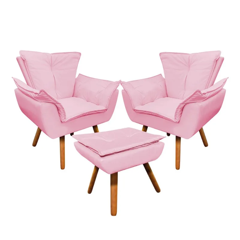 02 Poltronas e 01 Puff Pé Palito de Madeira Opala Corino D03 - D'Rossi Rosa Bebê