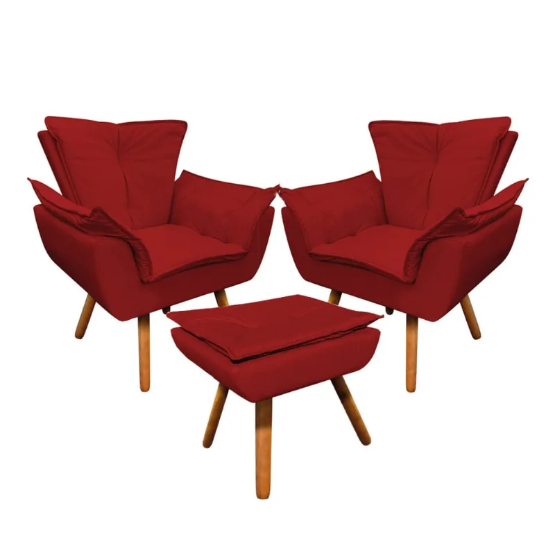 02 Poltronas e 01 Puff Pé Palito de Madeira Opala Corino D03 - D'Rossi Vermelho