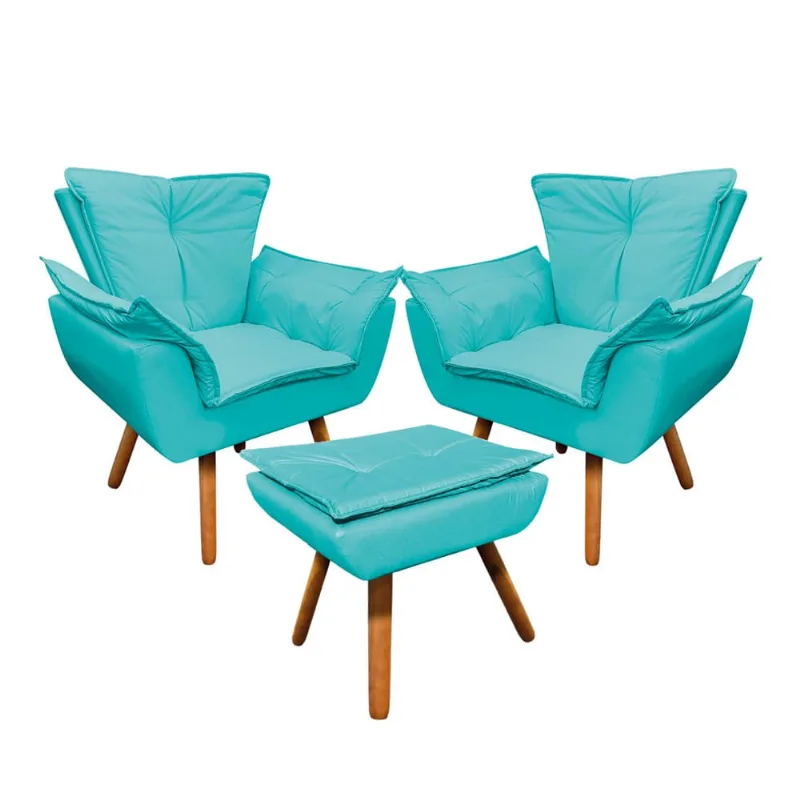 02 Poltronas e 01 Puff Pé Palito de Madeira Opala Corino D03 - D'Rossi Azul Turquesa