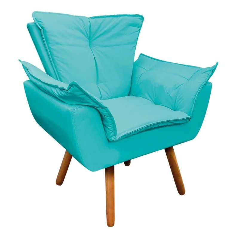 Poltrona Opala Corino Azul Turquesa Pés Palito Castanho