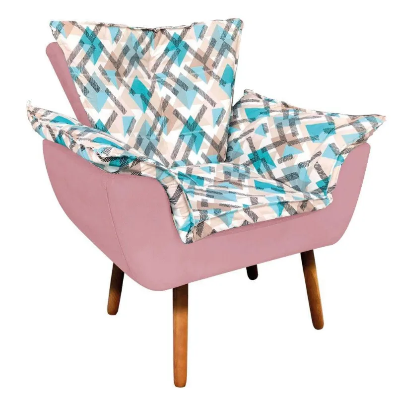 Poltrona Opala Composê Suede Rosê com Estampado Traçado Azul
