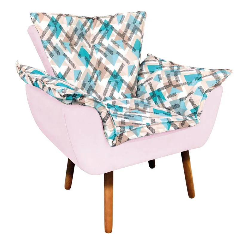 Poltrona Opala Composê Suede Rosa Bebê Com Traçado Azul
