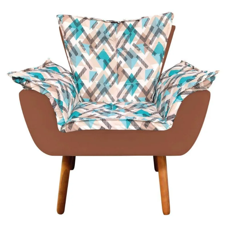 Poltrona Opala Composê Suede Caramelo Sisal com Traçado Azul