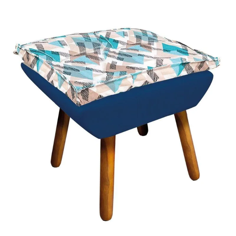 Puff Composê Suede Azul Marinho com Estampado Traçado Azul