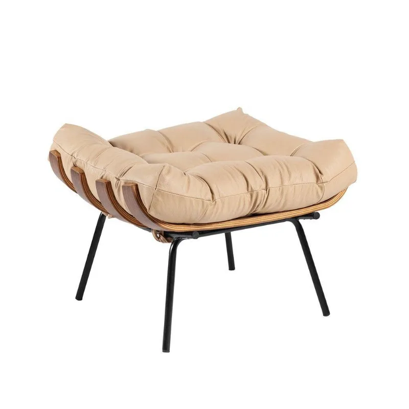 Puff Costela Couro Bege Base Metal