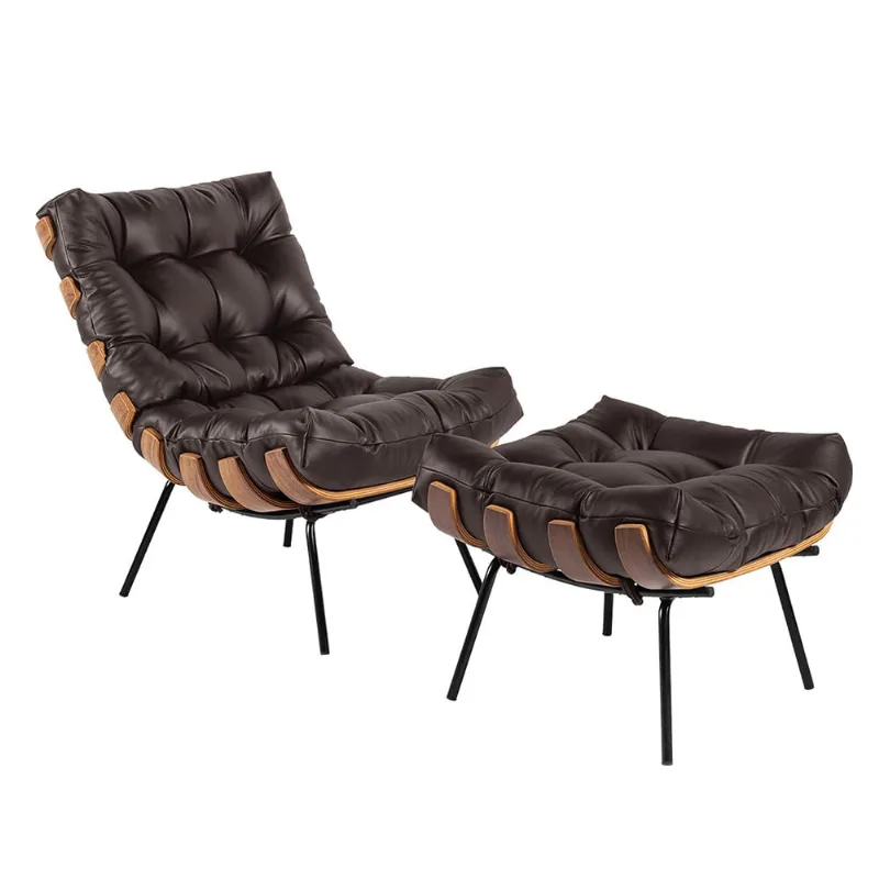 Poltrona e Puff Costela Couro Legítimo Marrom Base Industrial Preto M11 - D'Rossi