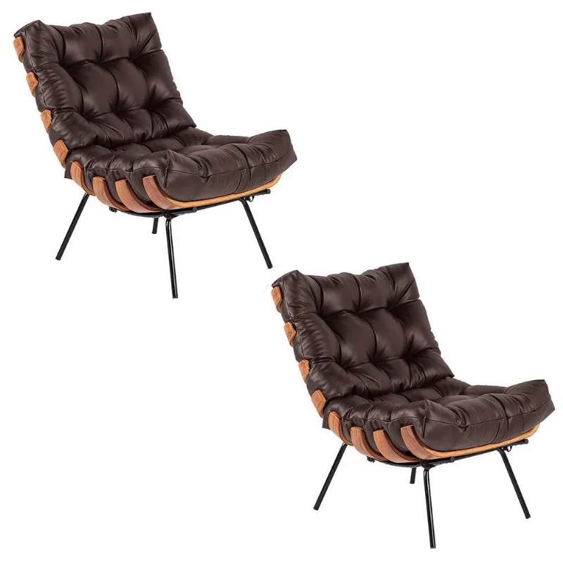 Kit 02 Poltronas Costela Couro Marrom Base de Metal Drossi