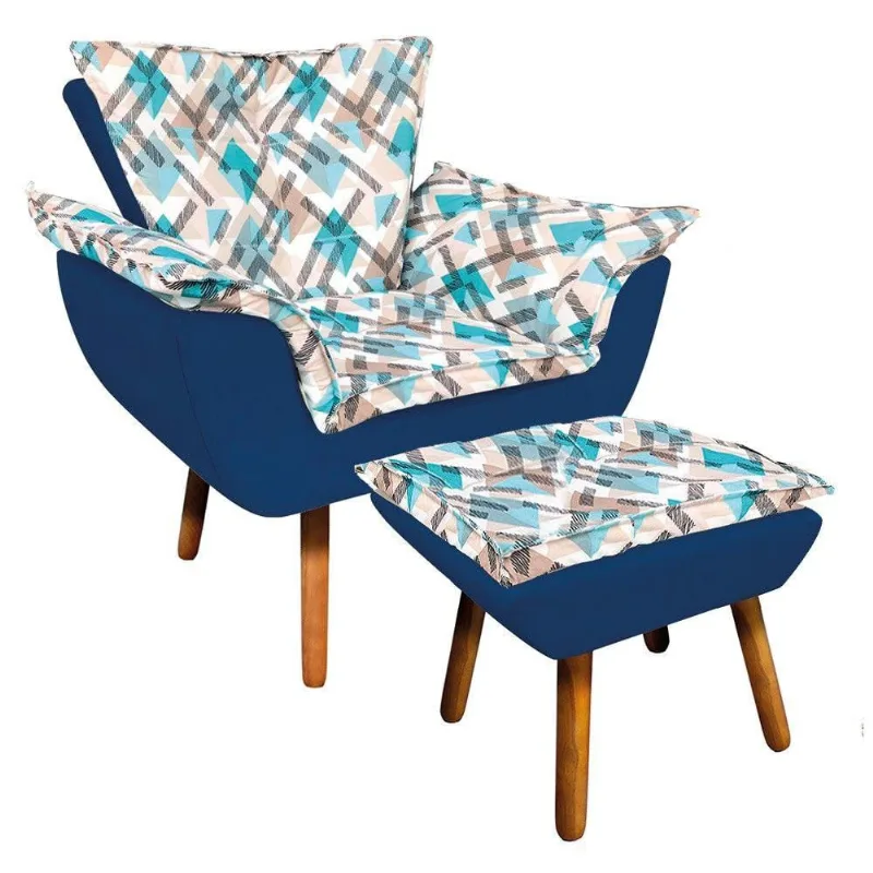 Kit Poltrona e Puff Opala Suede Azul Marinho - Drossi