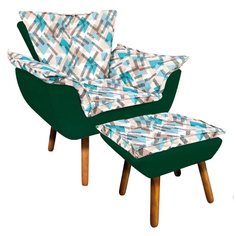 Kit Poltrona e Puff Opala Suede Verde com Traçado Azul