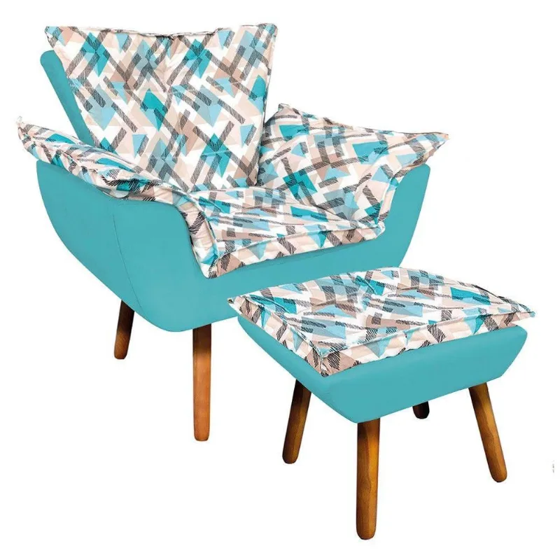 Kit Poltrona e Puff Opala Suede Azul Turquesa - Drossi