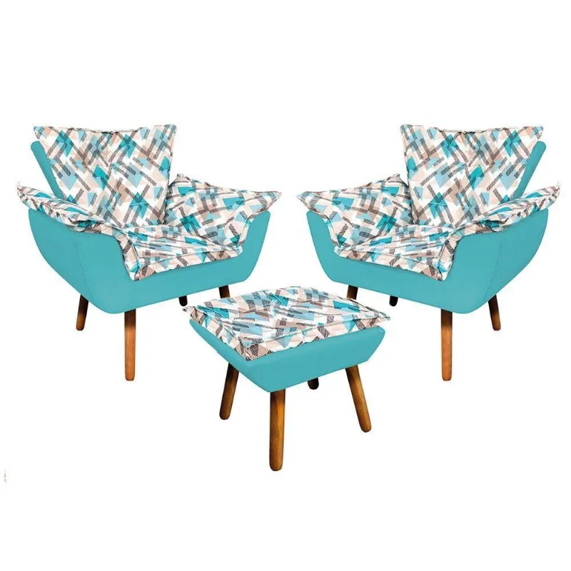 Kit 02 Poltronas e Puff Opala Composê Suede Azul Turquesa