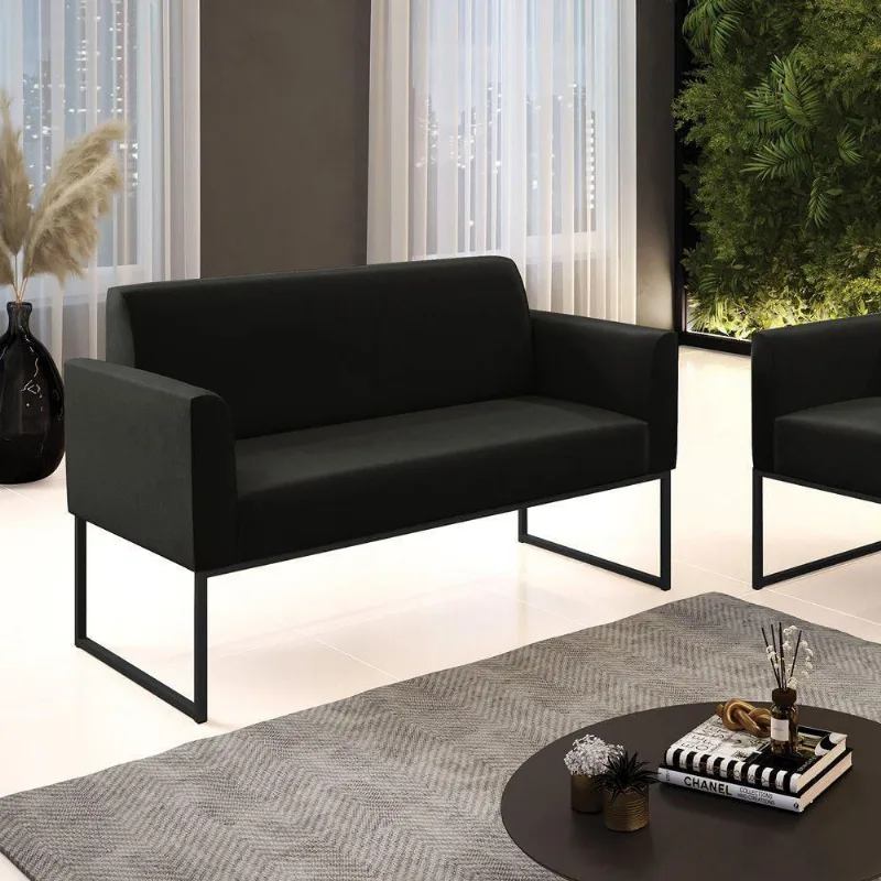 Sofá Namoradeira Base Industrial Preto Marisa Suede Preto