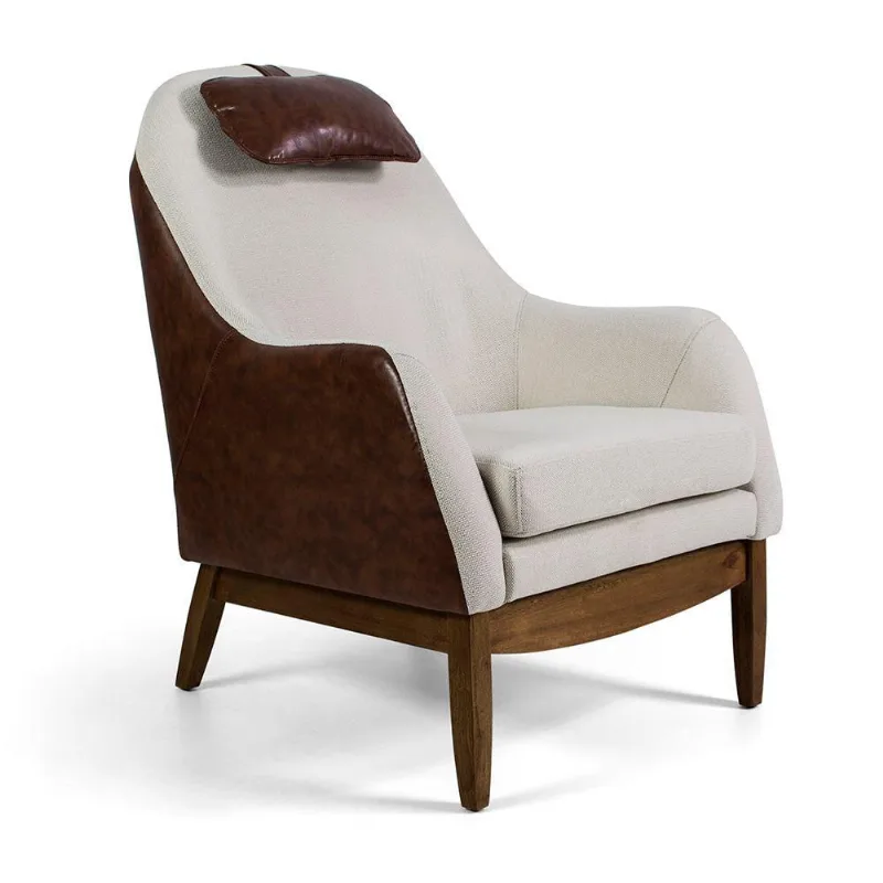 Poltrona Selena Linho Creme Corano Marrom Base Fixa Madeira