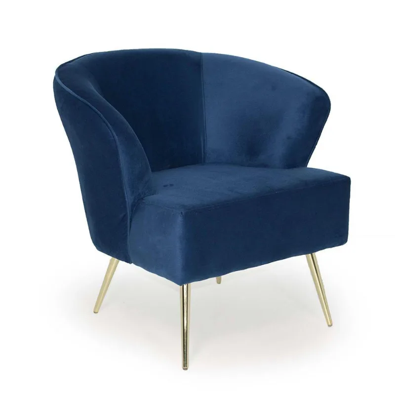 Poltrona Íris Veludo Azul Pé Palito Metálico Dourado D´rossi