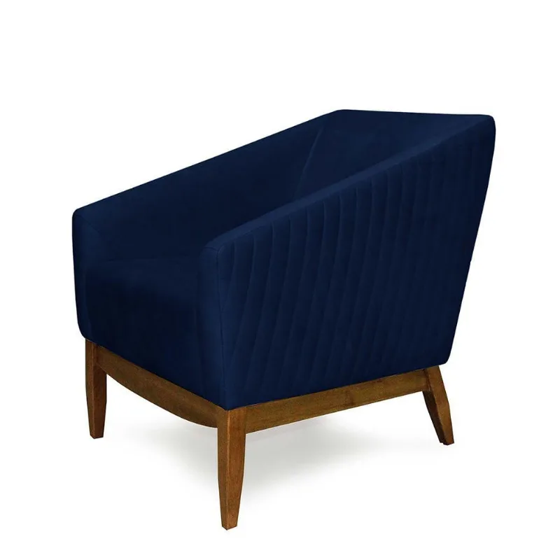 Poltrona Juliana Base Fixa de Madeira Veludo Azul Oxford