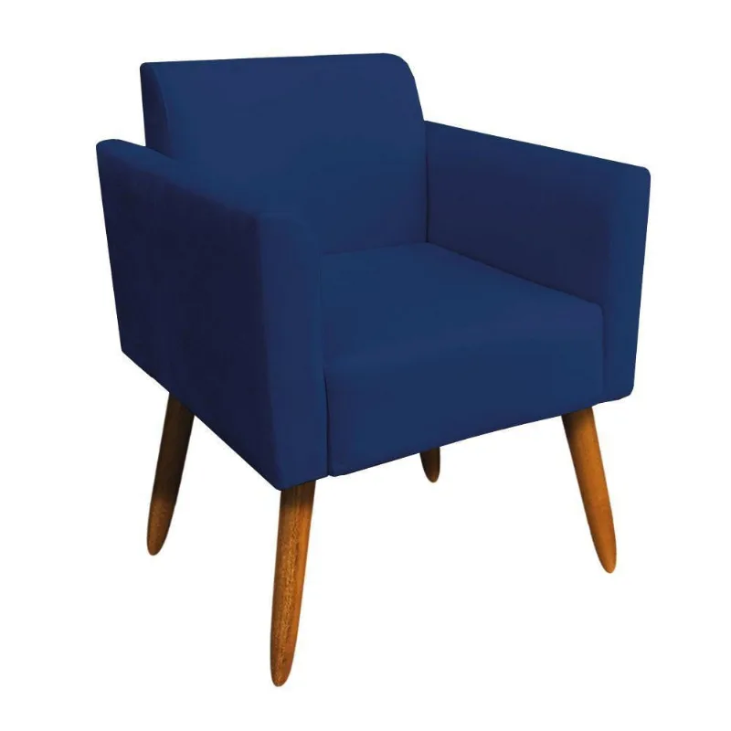 Poltrona Marisa Suede Azul Marinho Pés Palito Castanho