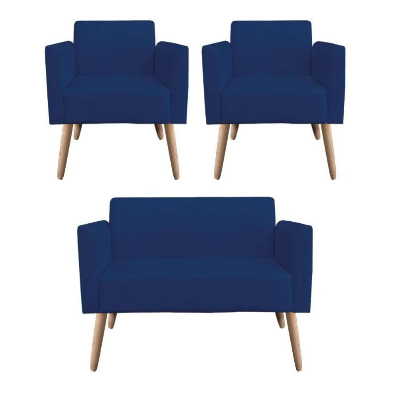 Kit 01 Namoradeira 02 Poltronas Marisa Azul Marinho
