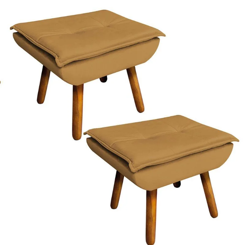 Kit 02 Puffs Opala Veludo Caramelo Sisal Pés Palito Castanho