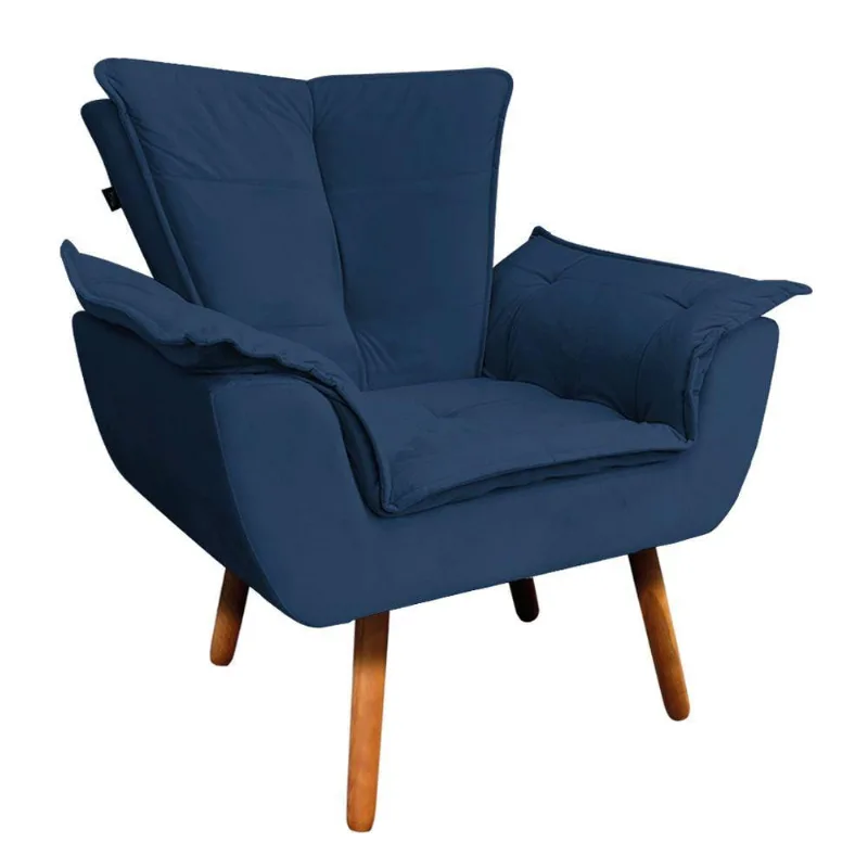 Poltrona Veludo Azul Marinho Pés Palito Castanho D´rossi