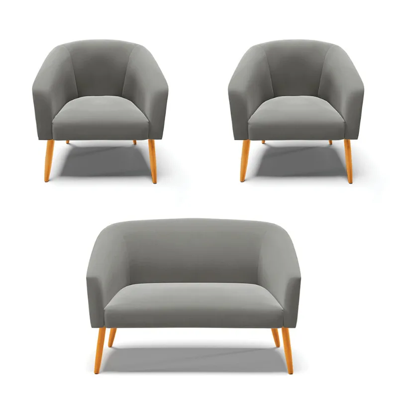 Namoradeira e 2 Poltronas Pé Palito Castanho Stella Suede Grafite D03 - D'Rossi