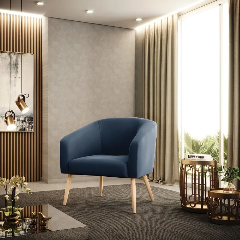 Poltrona Decorativa Pé Palito Natural Stella Suede Azul Marinho D03 - D'Rossi