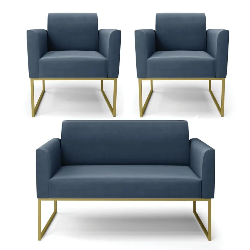 Sofá Namoradeira com 2 Poltronas Base Industrial Dourado Marisa Suede Azul Marinho D03 - D?Rossi