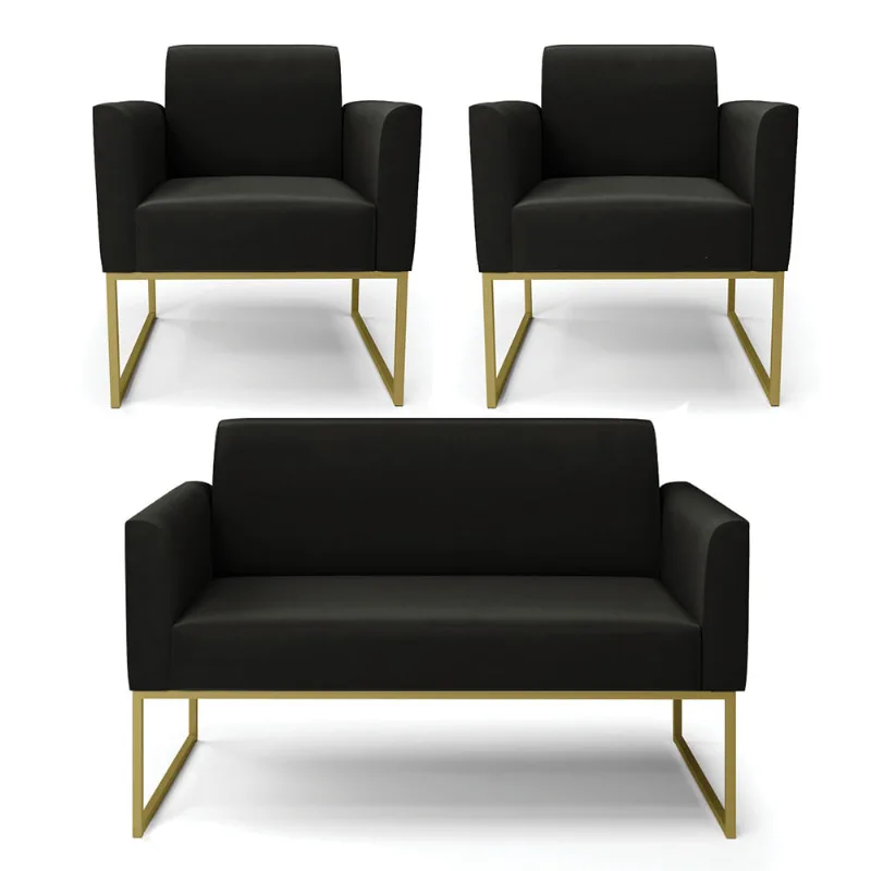 Sofá Namoradeira com 2 Poltronas Base Industrial Dourado Marisa Suede Preto D03 - D?Rossi