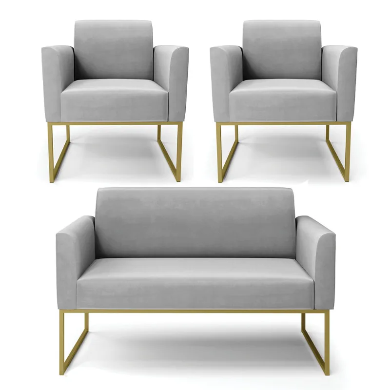 Sofá Namoradeira com 2 Poltronas Base Industrial Dourado Marisa Suede Cinza D03 - D?Rossi