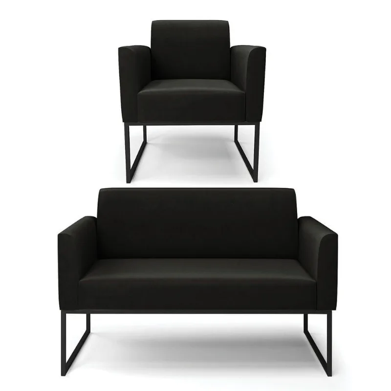 Sofá Namoradeira Com Poltrona Base Industrial Preto Marisa Suede Preto