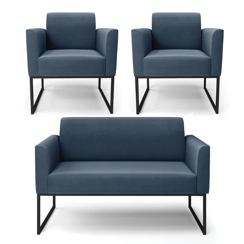 Sofá Namoradeira com 2 Poltronas Base Industrial Preto Marisa Suede Azul Marinho