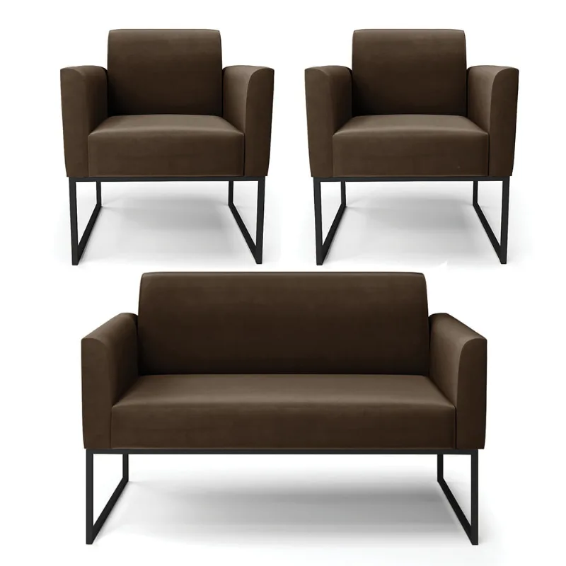 Sofá Namoradeira com 2 Poltronas Base Industrial Preto Marisa Suede Marrom