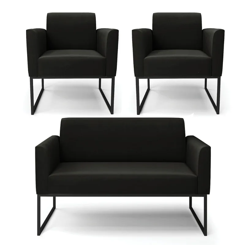 Sofá Namoradeira com 2 Poltronas Base Industrial Preto Marisa Suede Preto