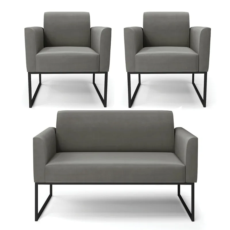 Sofá Namoradeira com 2 Poltronas Base Industrial Preto Marisa Suede Grafite