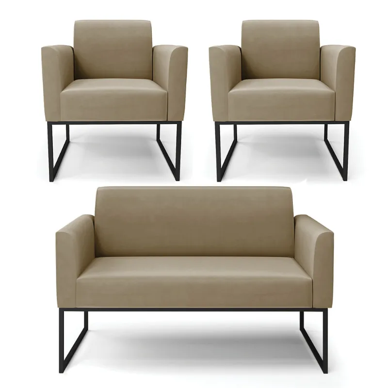 Sofá Namoradeira com 2 Poltronas Base Industrial Preto Marisa Suede Marrom Rato
