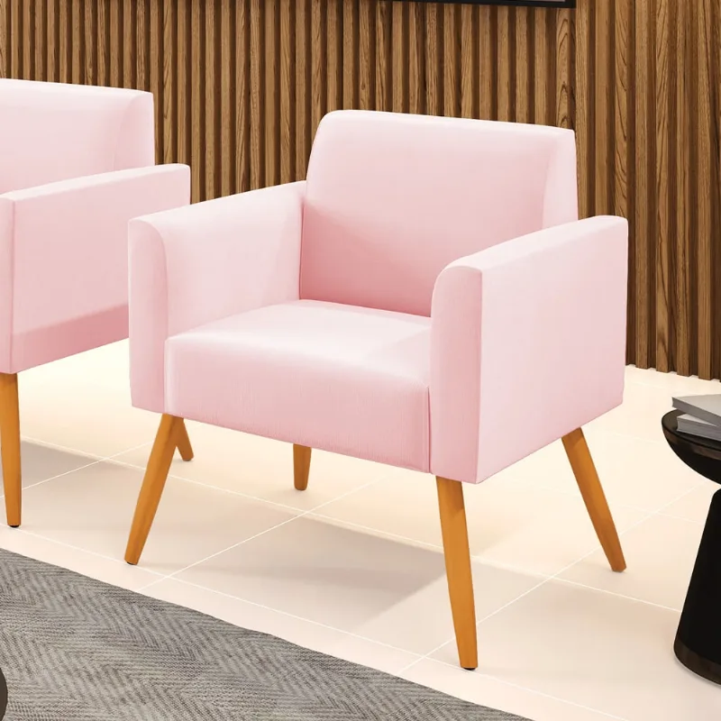 Poltrona Pés Palito Castanho Marisa Suede Rosa Bebê