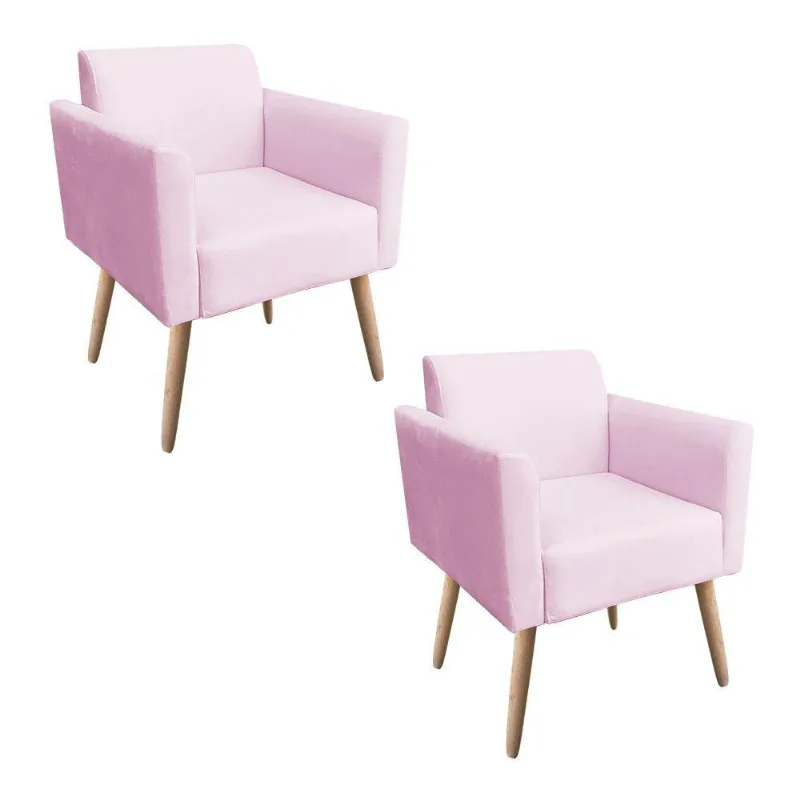 Kit 02 Poltronas Marisa Suede Pés Palito Natural Rosa Bebê