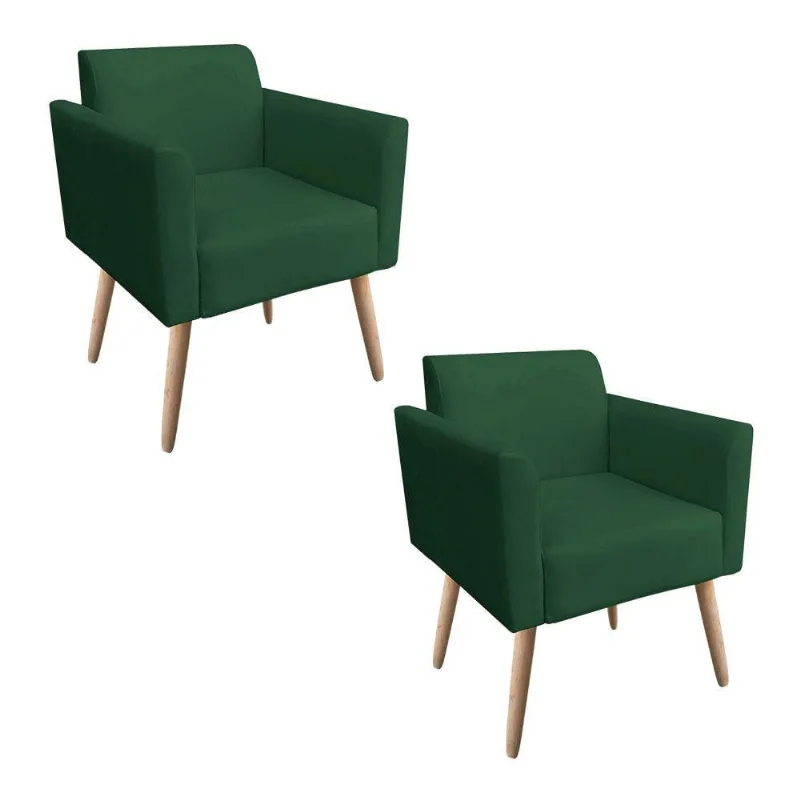 Kit 02 Poltronas Marisa Suede Pés Palito Natural Verde