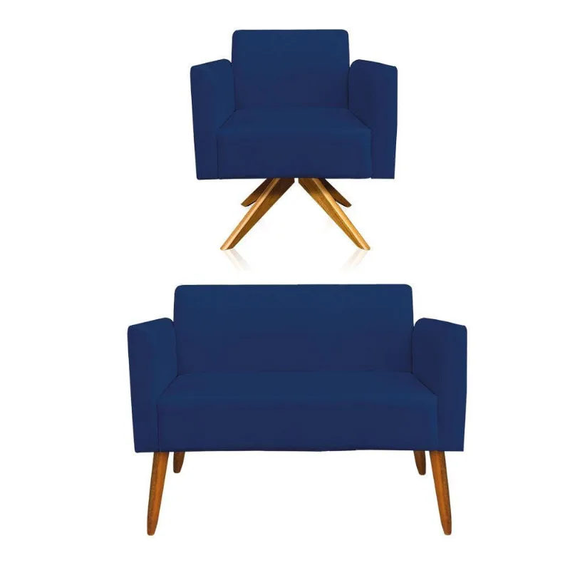 01 Namoradeira E 01 Poltrona Marisa Suede Azul Marinho