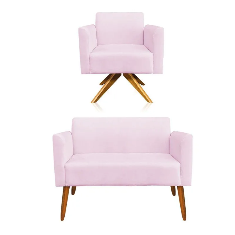 01 Namoradeira E 01 Poltrona Marisa Suede Rosa Bebê