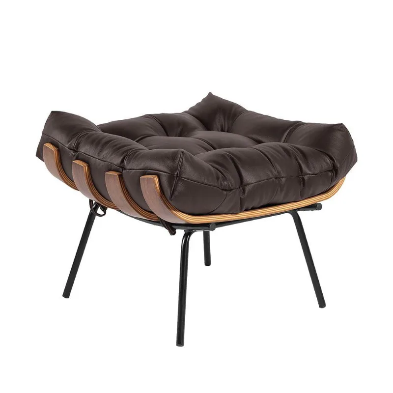 Puff Costela Couro Legítimo Base Metal Preto Marrom