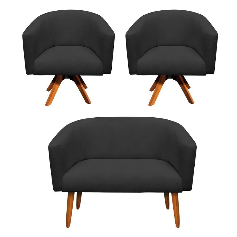 Kit 1 Namoradeira 2L e 2 Poltronas Giratória Linho Preto