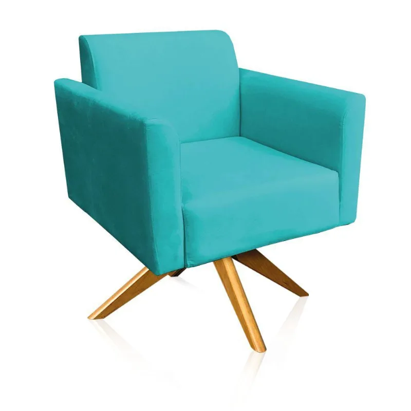 Poltrona Marisa Suede Base Madeira Azul Turquesa