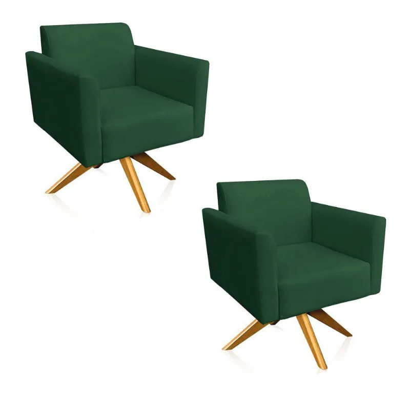 Kit 2 Poltronas Giratória Marisa Suede Base Madeira Verde