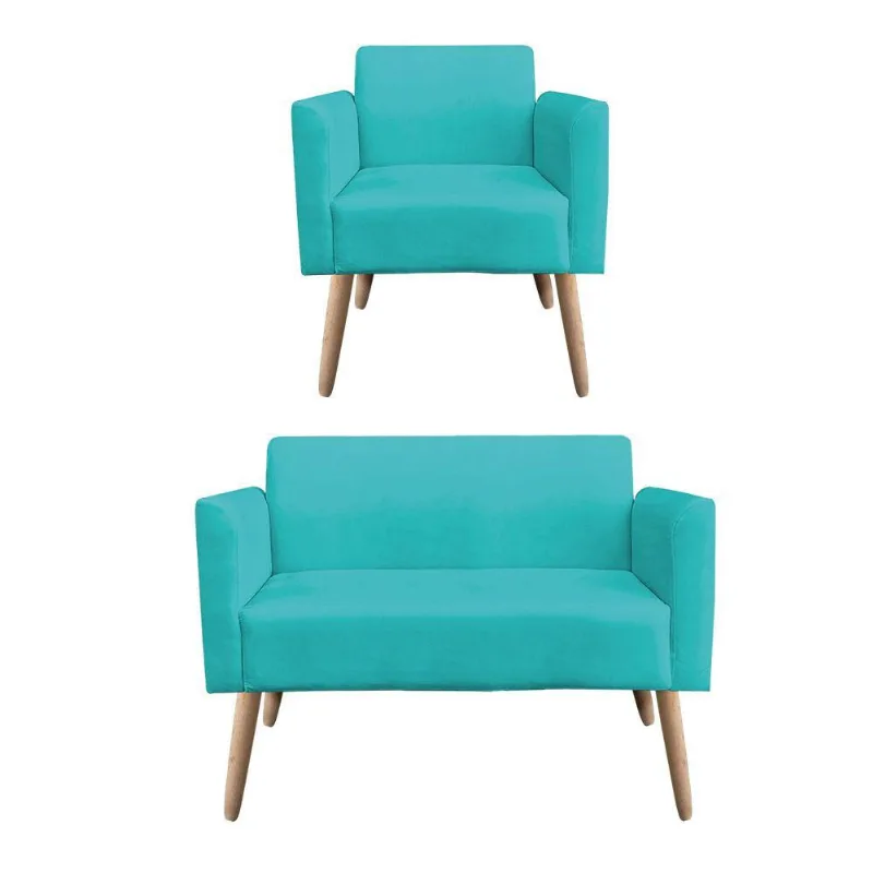 01 Namoradeira E 01 Poltrona Marisa Suede Azul Turquesa