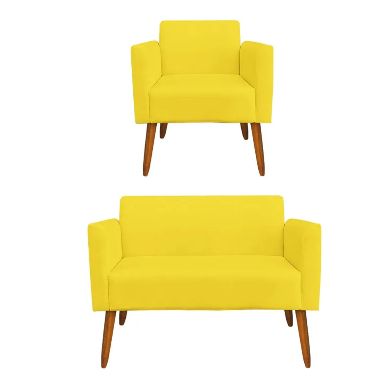 Sofá Namoradeira com Poltrona Pés Palito Castanho Marisa Suede D03 - D?Rossi Amarelo