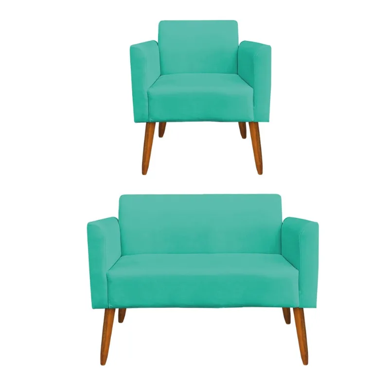 Sofá Namoradeira com Poltrona Pés Palito Castanho Marisa Suede D03 - D?Rossi Verde Turquesa